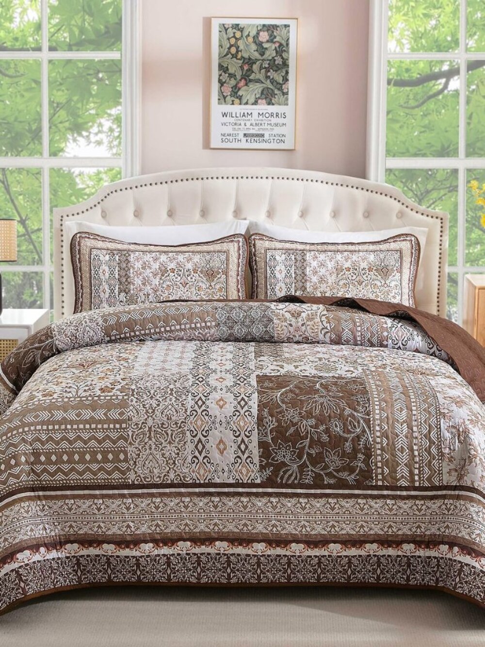 Brown Quilt Set King Size, Boho Floral Pattern Bedspread Coverlet Set, Bohemian